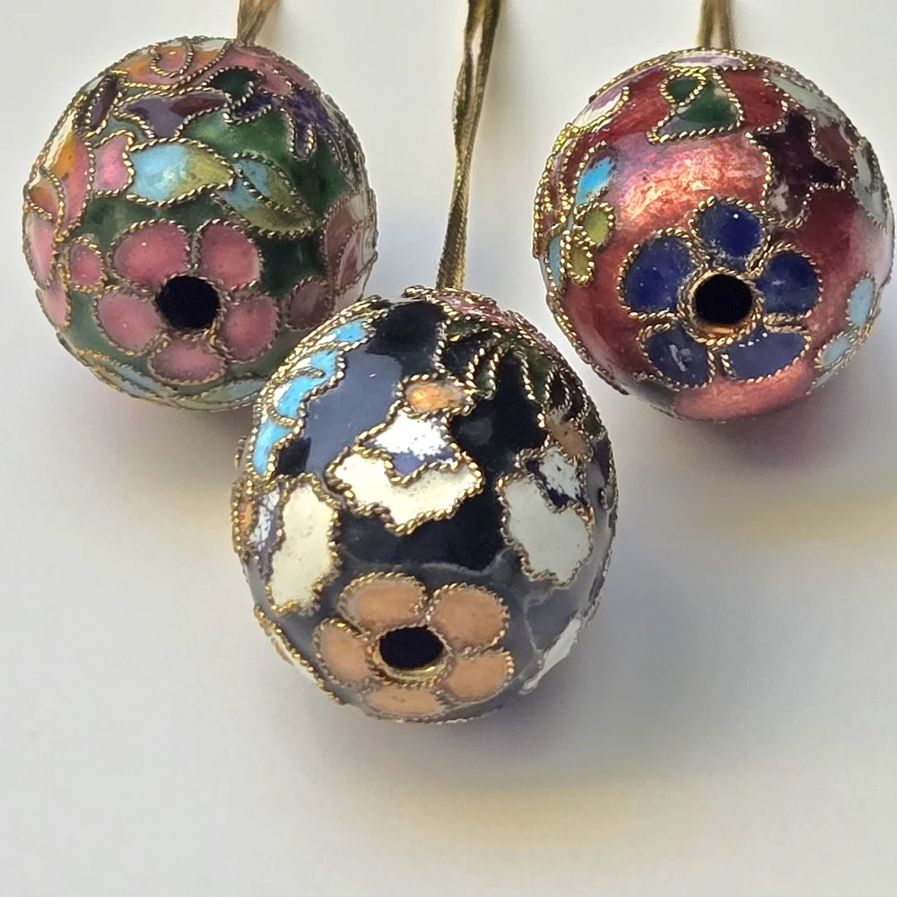 VTG Cloisonne Mini Egg Ornaments Set of 3, Enamel Brass Butterfly Floral, RARE